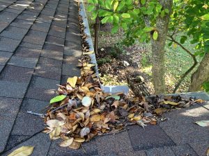 rhino gutter guard that was improperly installed is holding leaves on the top cover