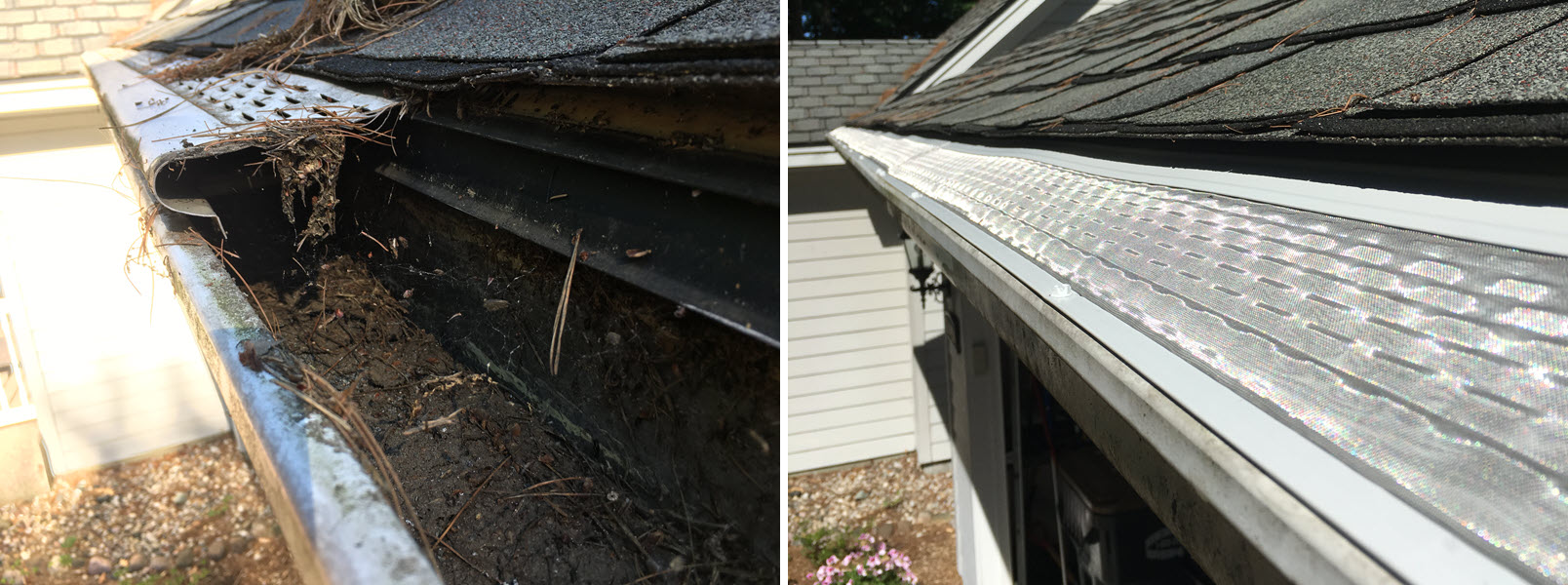 Before and after - Mastershield gutter guards installed on Michigan home